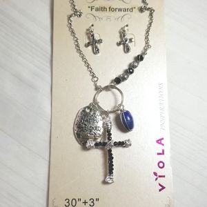 New Silver Gold FAITH FORWARD Cross Bead Necklace Earrings Set